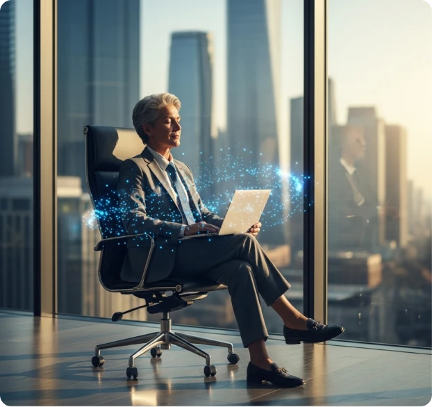 A woman siiting on the chair holding a laptop and feeling good